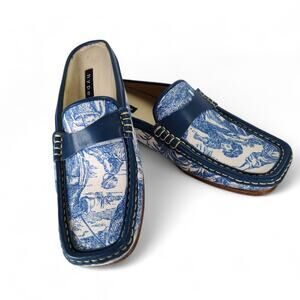 Vintage Y2K Hype Toile Print Canvas Mules 7.5 Square Toe Slip-On Loafers Spain